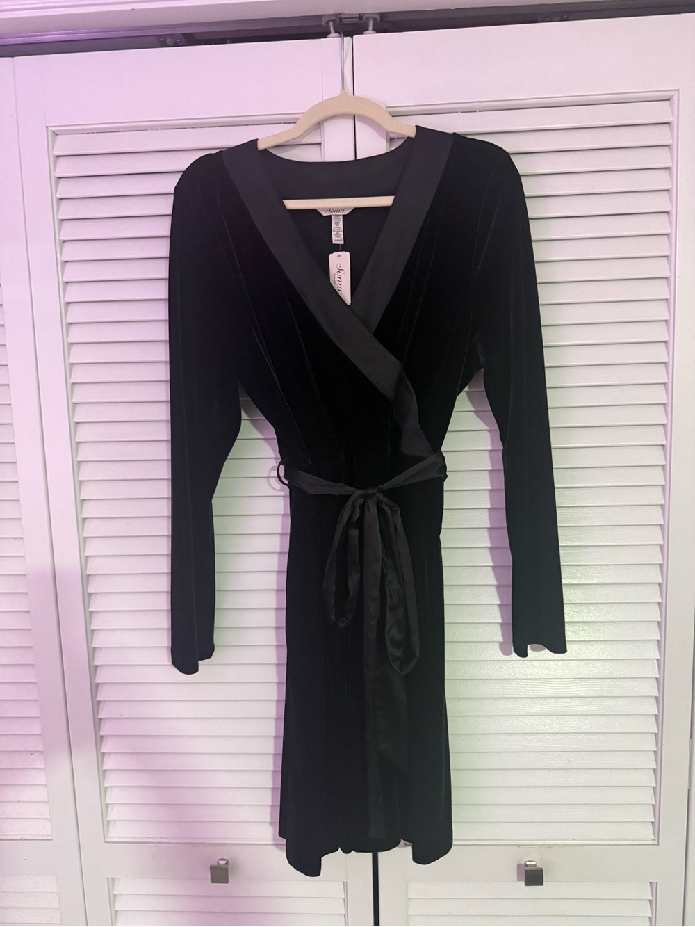 Soma Black Velvet Wrap Dress with Satin Tie